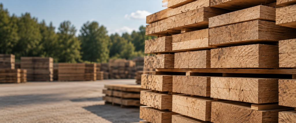 Stacked solid wood at the Drvo Prom timber facility near Ohrid